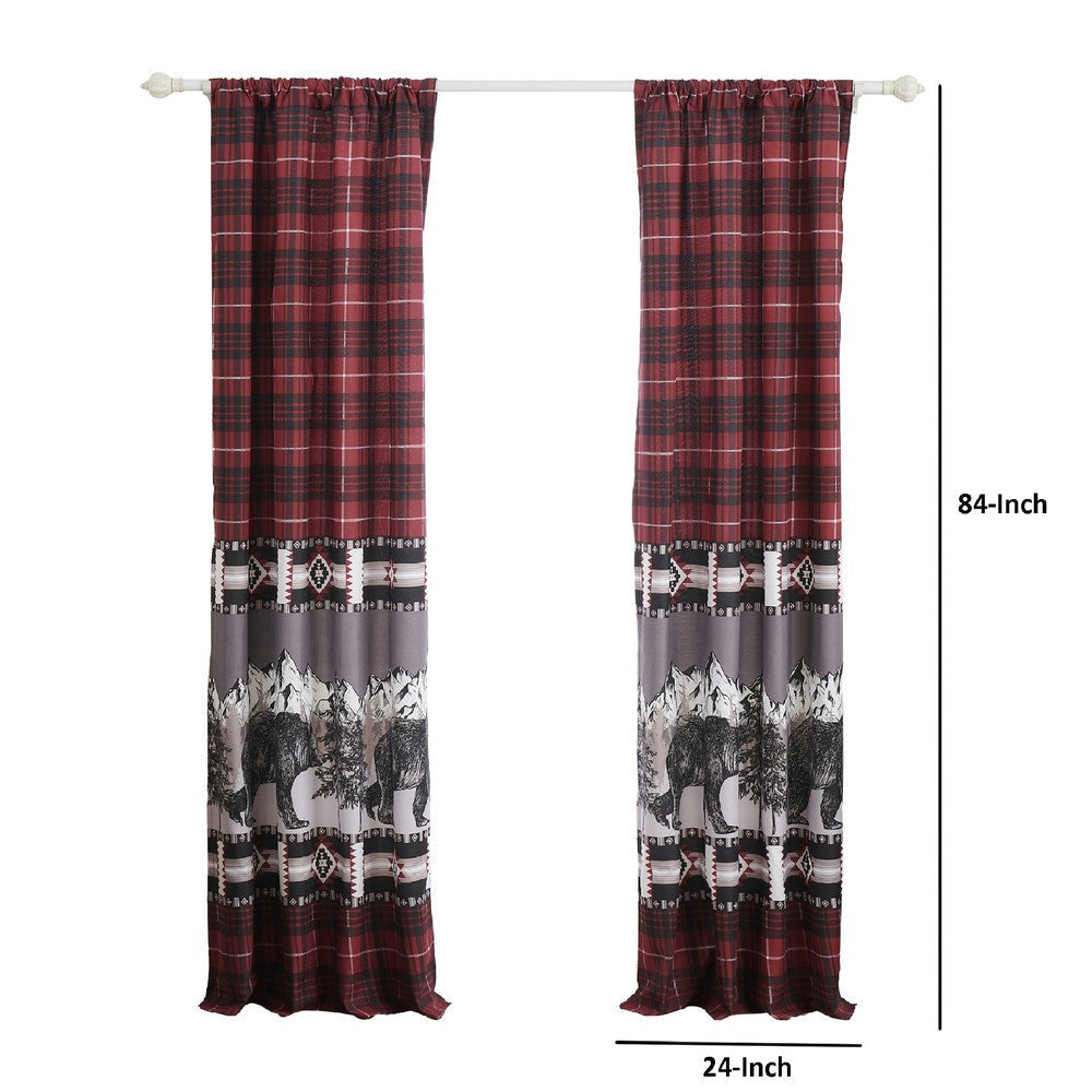 Sofia 84 Inch Bear Panel Curtains, Poly Microfiber, Red and Black Plaid By Casagear Home