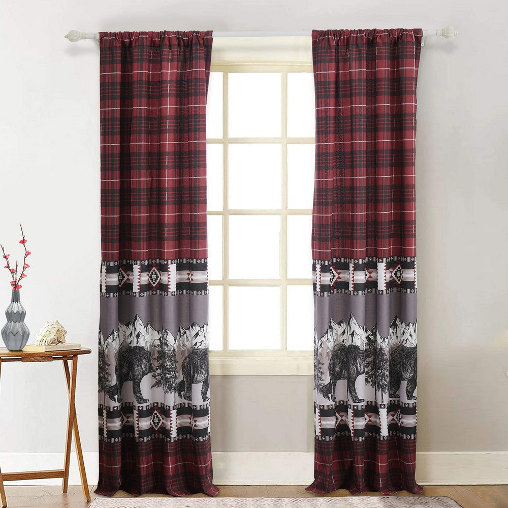 Sofia 84 Inch Bear Panel Curtains, Poly Microfiber, Red and Black Plaid By Casagear Home