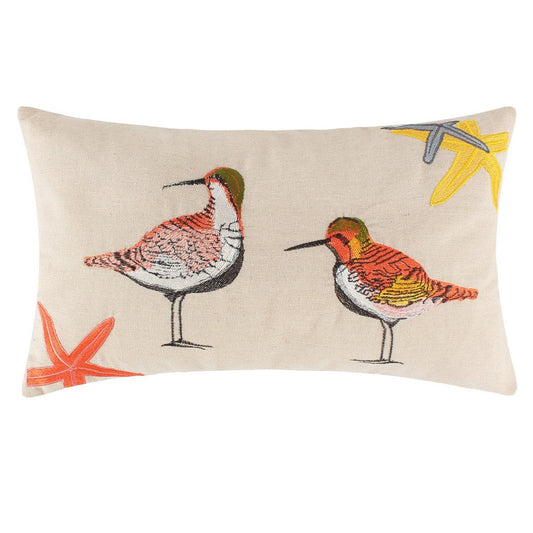 Vira 20 Inch Throw Pillow, Hand Embroidered Shorebirds, Canvas and Linen By Casagear Home