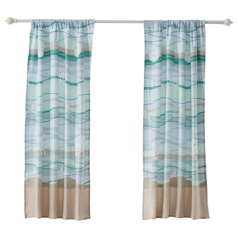 Vira 63 Inch Window Curtains, Ocean Waves and Sand Print, Rod Pockets By Casagear Home