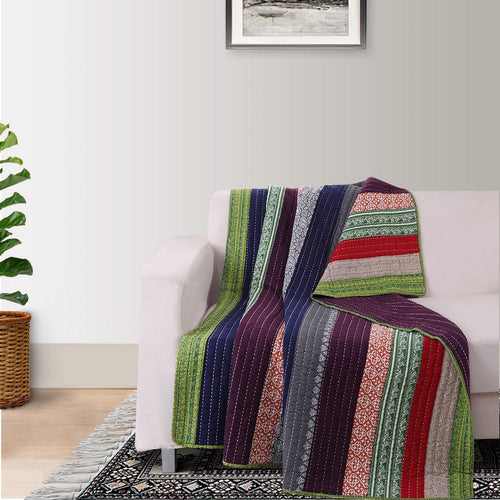 Cotton Throw Blanket | 60" | Striped Kantha Hand Quilted