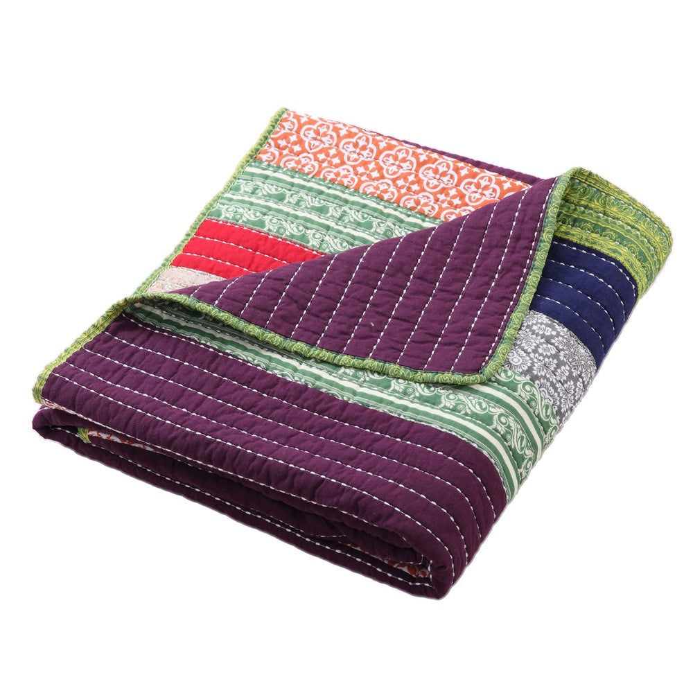 60 Inch Cotton Throw Blanket, Multi Color Stripes, Kantha Hand Quilting By Casagear Home