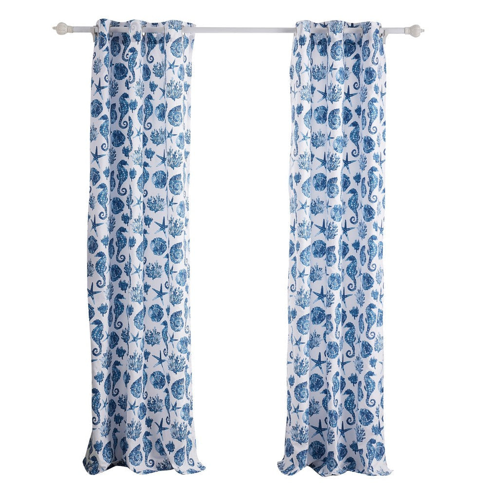 Riga 84 Inch Window Curtains, Blue Seashells Print, Microfiber, Rod Pockets By Casagear Home