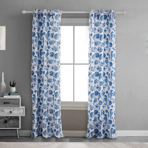 Riga Curtain Panels | 84" | Blue Seashells Print | Rod Pockets