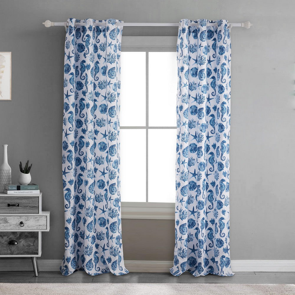 Riga Curtain Panels | 84" | Blue Seashells Print | Rod Pockets