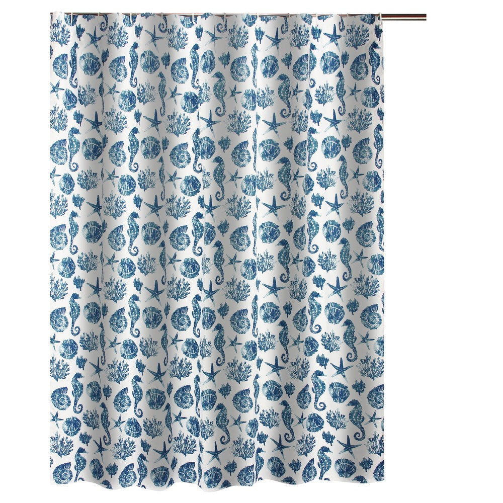 Riga 72 Inch Shower Curtain, Blue Seashells Print, Button Holes, Microfiber By Casagear Home