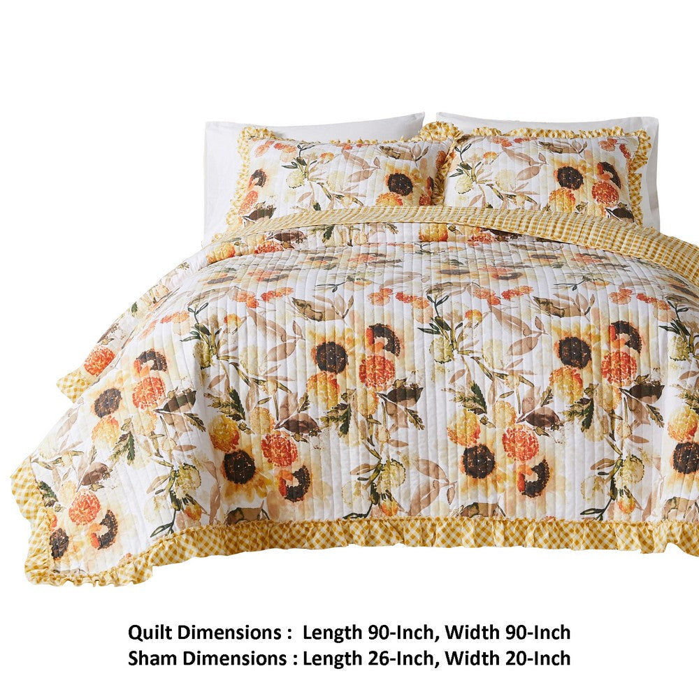 Kelsa 3 Piece Queen Quilt Set with 2 Pillow Shams and Cotton Fill, Gold By Casagear Home