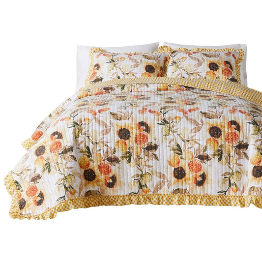 Kelsa 2 Piece Twin Quilt Set with Pillow Sham, Cotton, Ruffled Border, Gold By Casagear Home