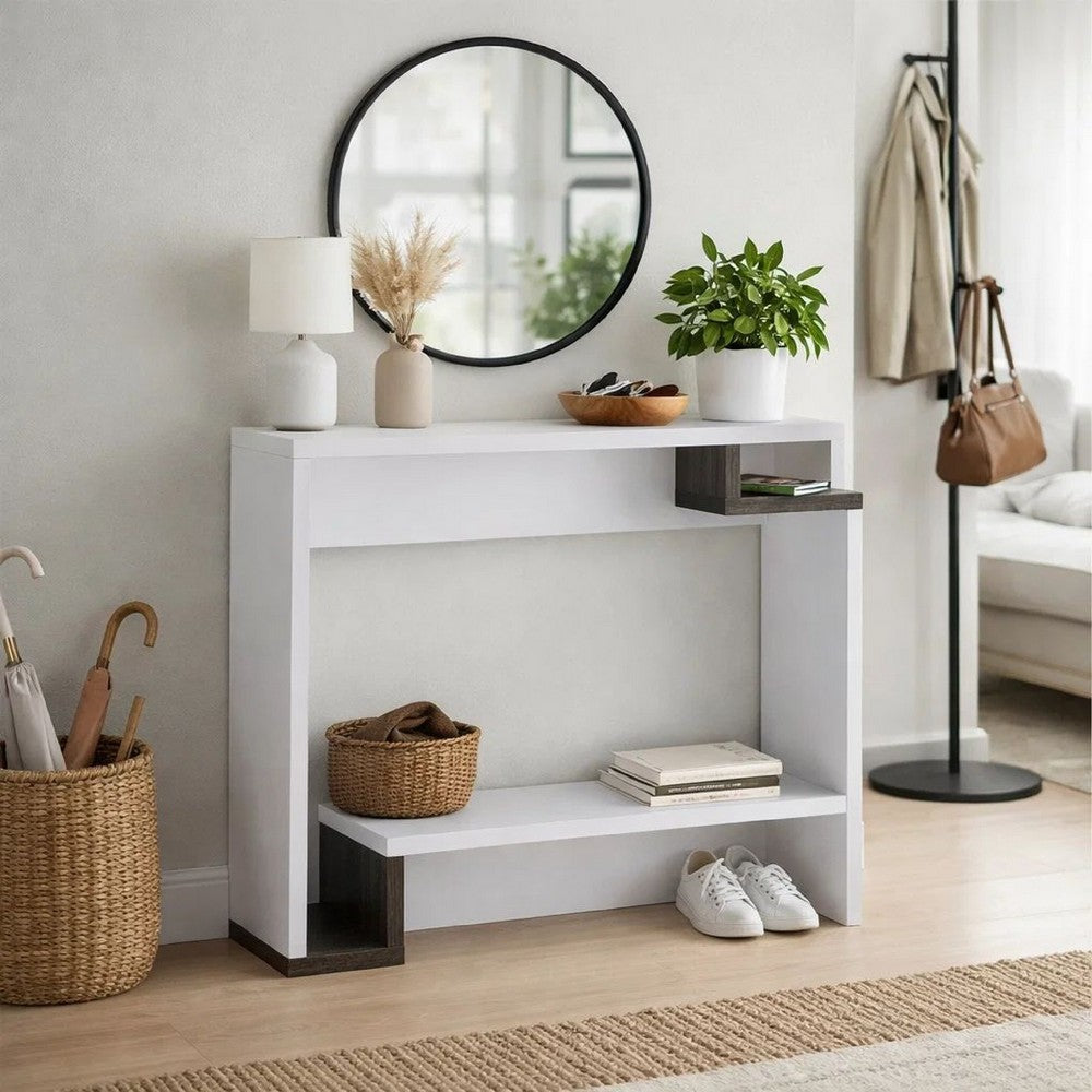 Console Table | 36" | Multilevel Wood Shelves | Gray & White
