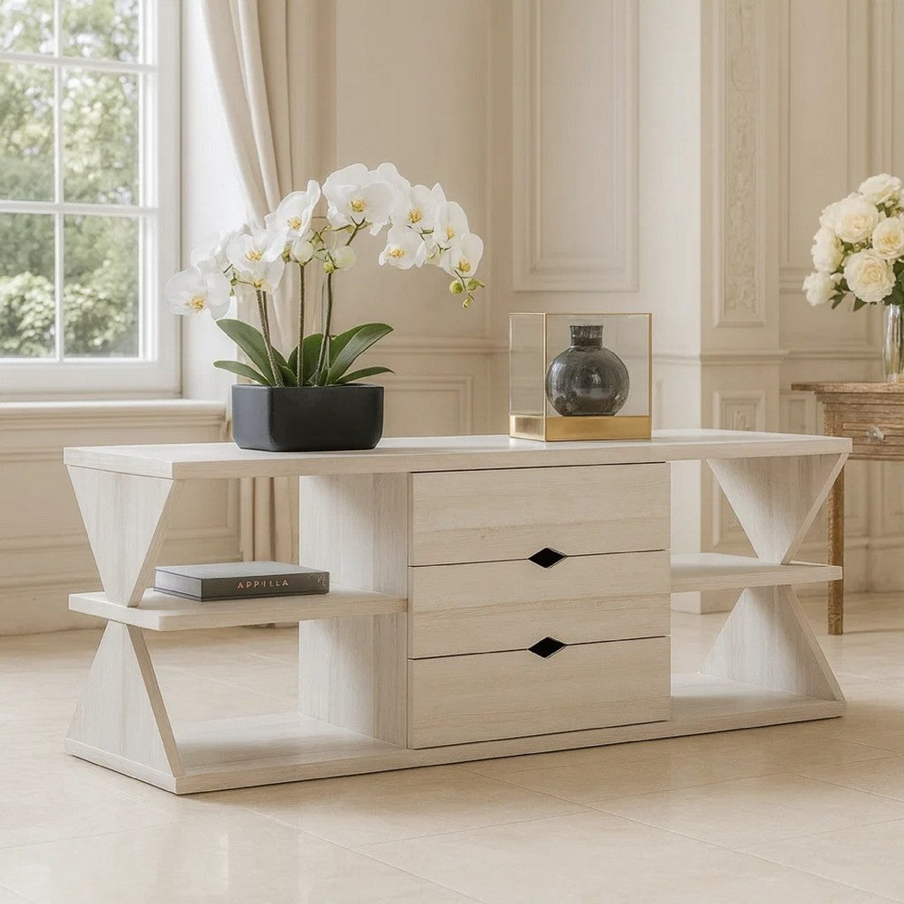 TV Console | 60" | 4 Shelves | 3 Drawers | Oak White Finish