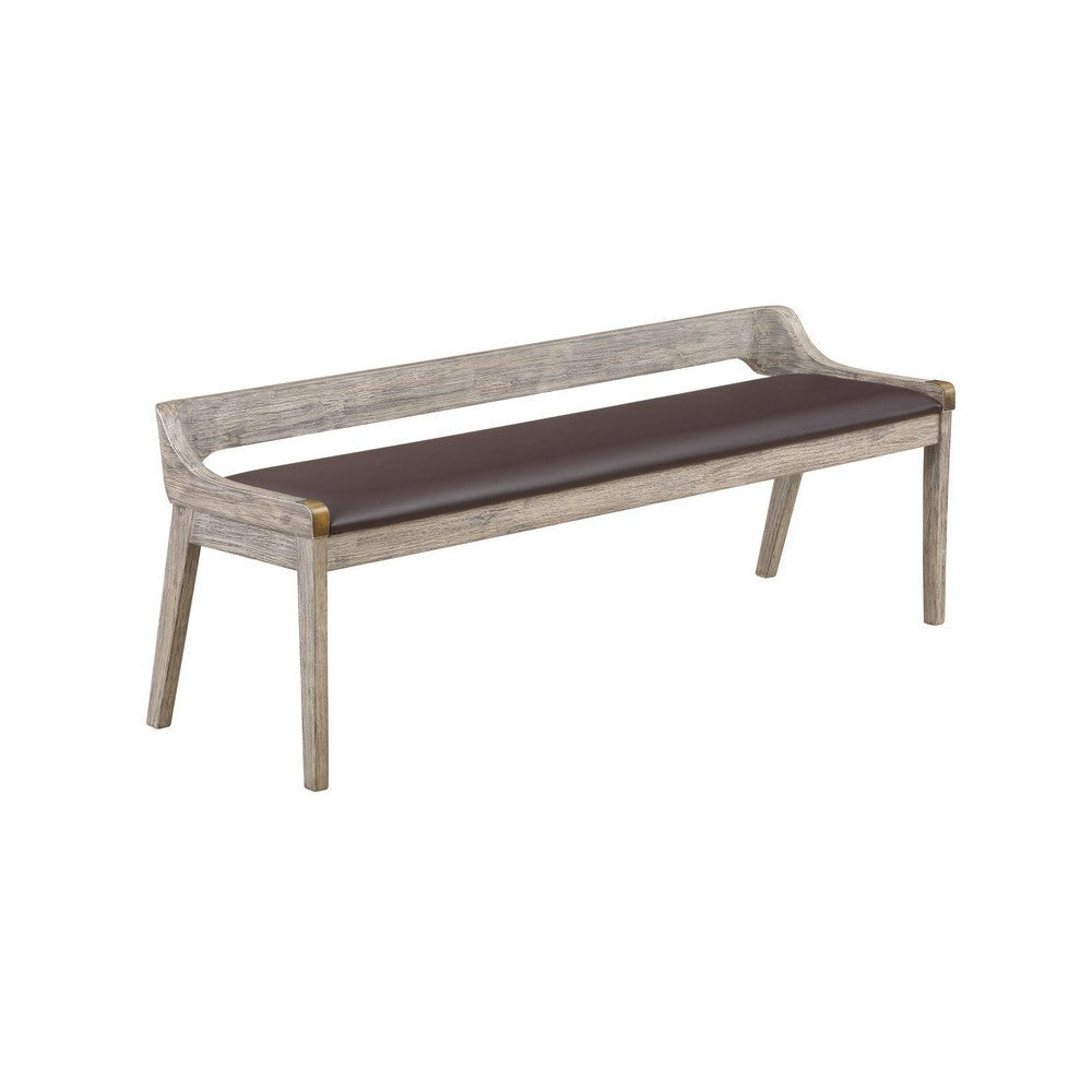 Kit 60 Inch Modern Dining Bench, Padded Seat, Curved Open Back, Gray, Brown By Casagear Home