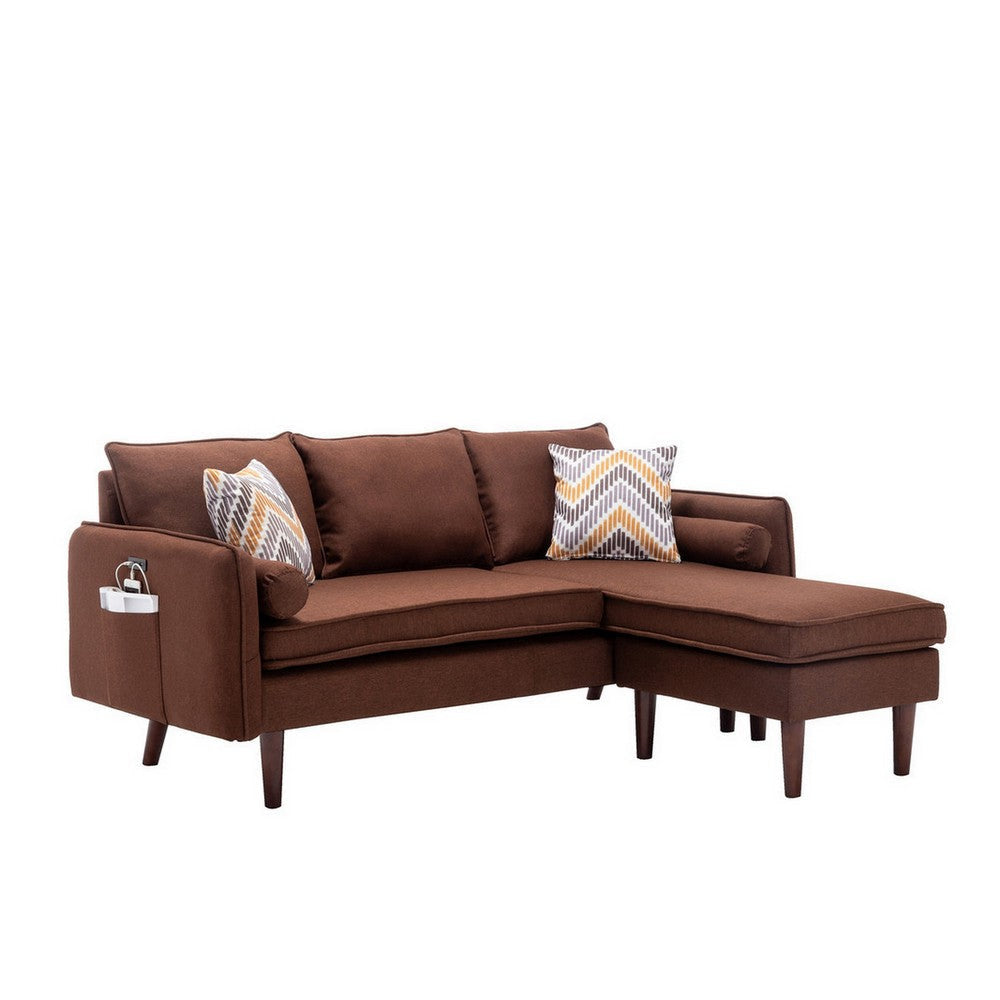 Ranon 70 Inch Sectional Chaise Sofa, Pillows, USB Ports, Side Pockets Brown By Casagear Home