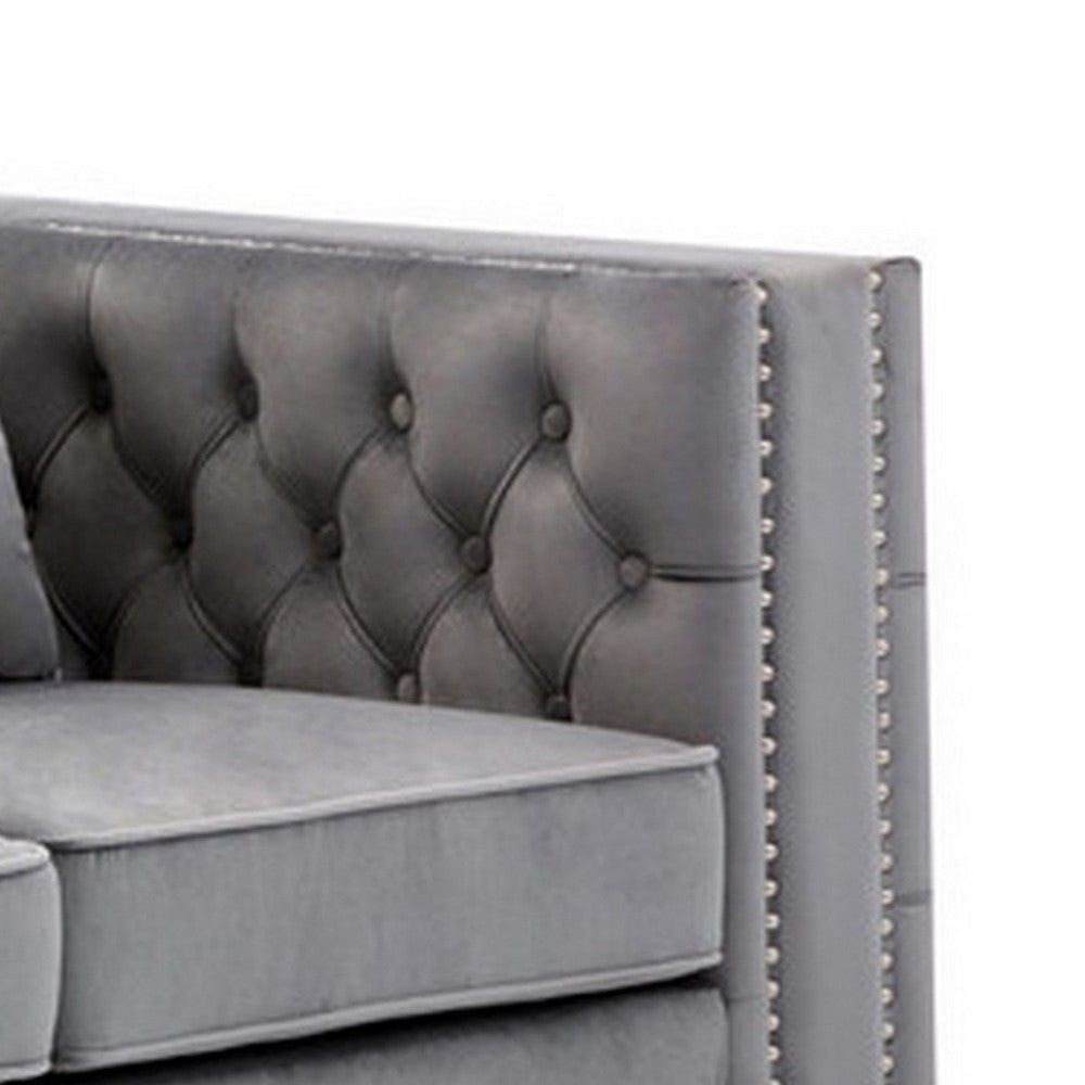 Joni 86 Inch Sofa Chesterfield Design Deep Button Tufting Gray Velvet BM293953
