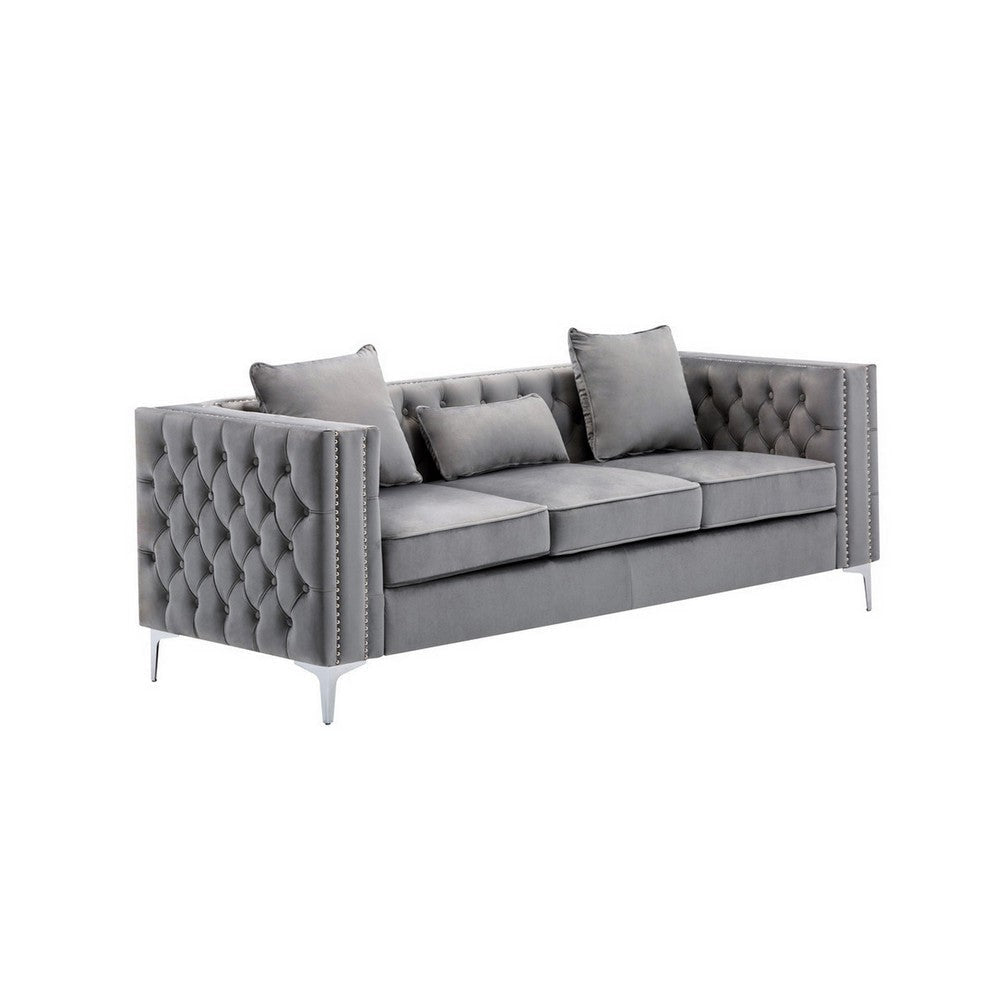 Joni 86 Inch Sofa, Chesterfield Design, Deep Button Tufting, Gray Velvet