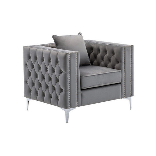 Joni 40 Inch Armchair, Chesterfield Design, Button Tufting, Gray Velvet