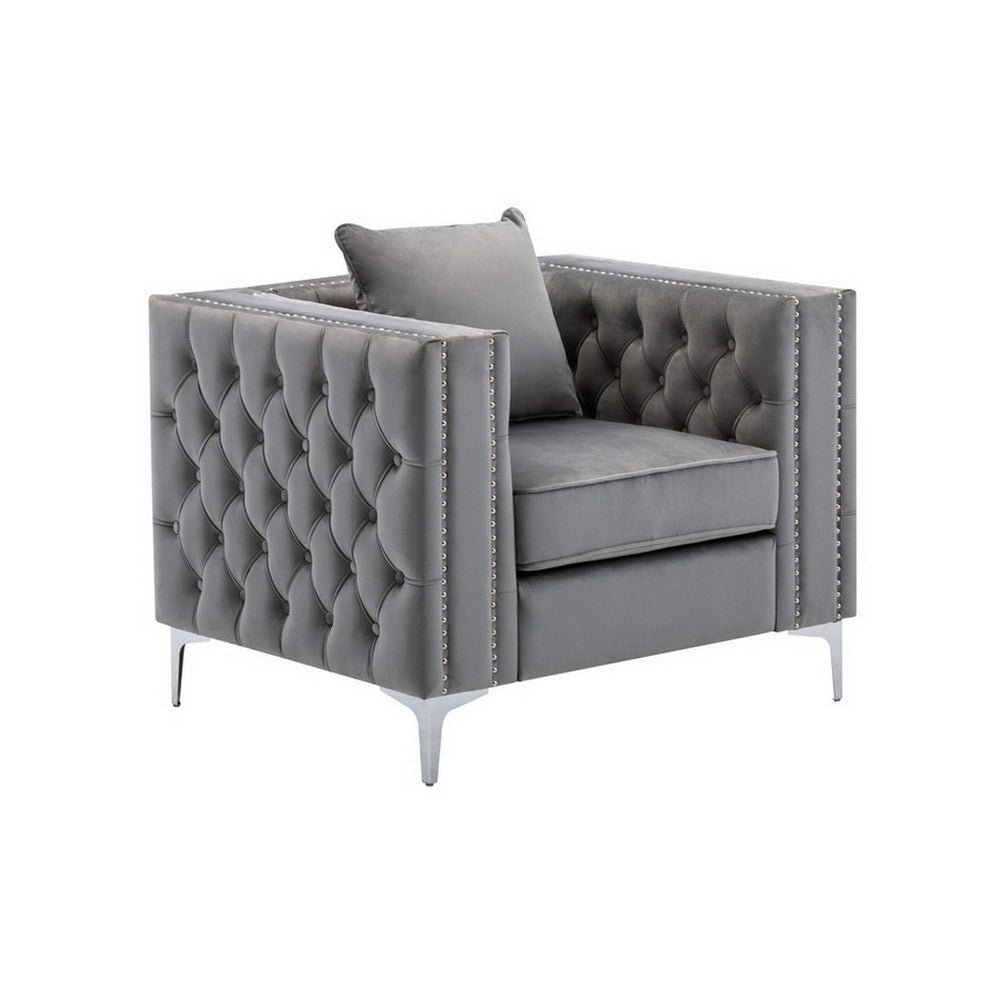 Joni 40 Inch Armchair, Chesterfield Design, Button Tufting, Gray Velvet