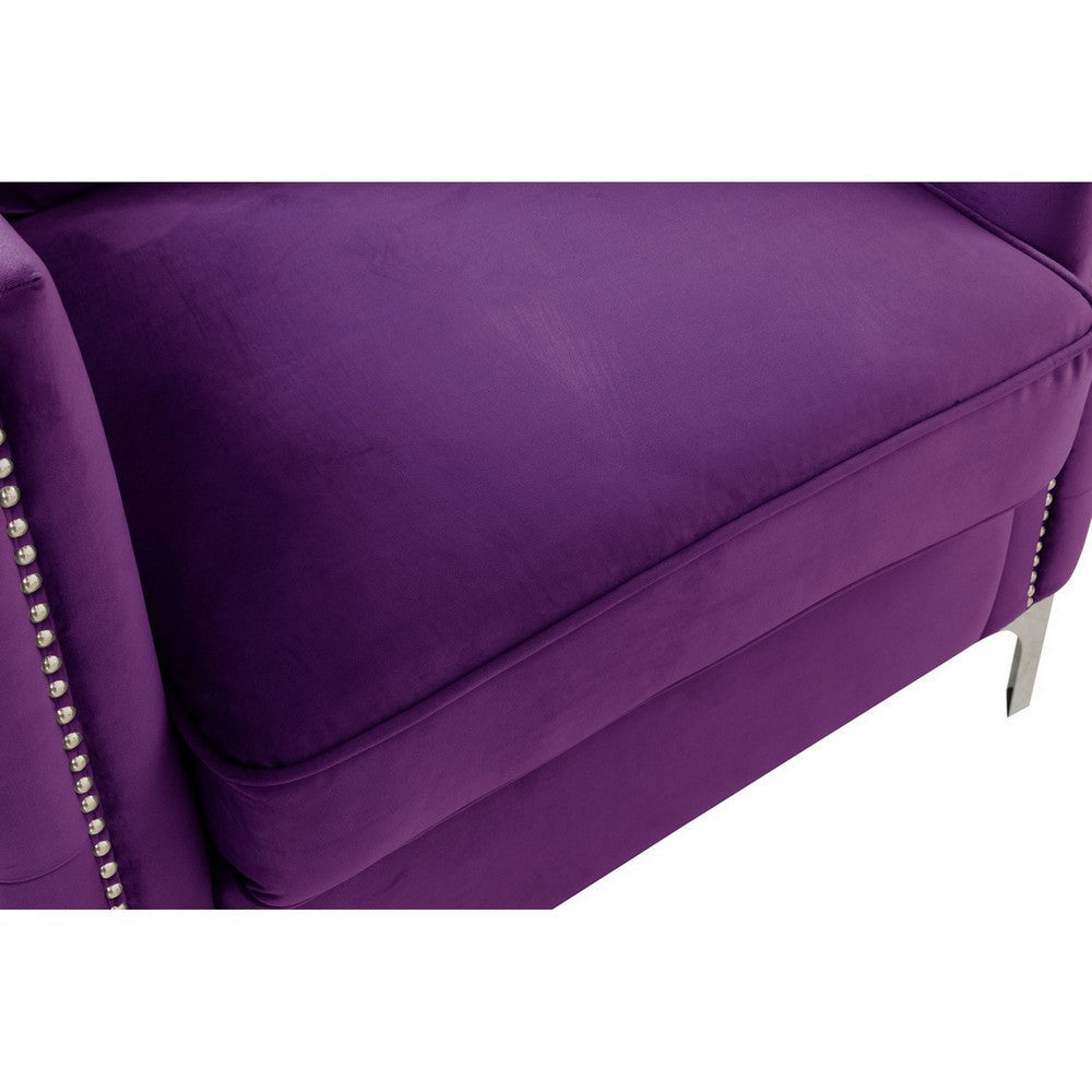 Zion 73 Inch Modern Sofa Button Tufted Purple Velvet with Nailhead Trim By Casagear Home BM293966