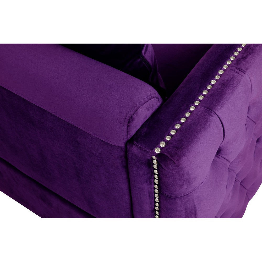 Zion 73 Inch Modern Sofa Button Tufted Purple Velvet with Nailhead Trim By Casagear Home BM293966