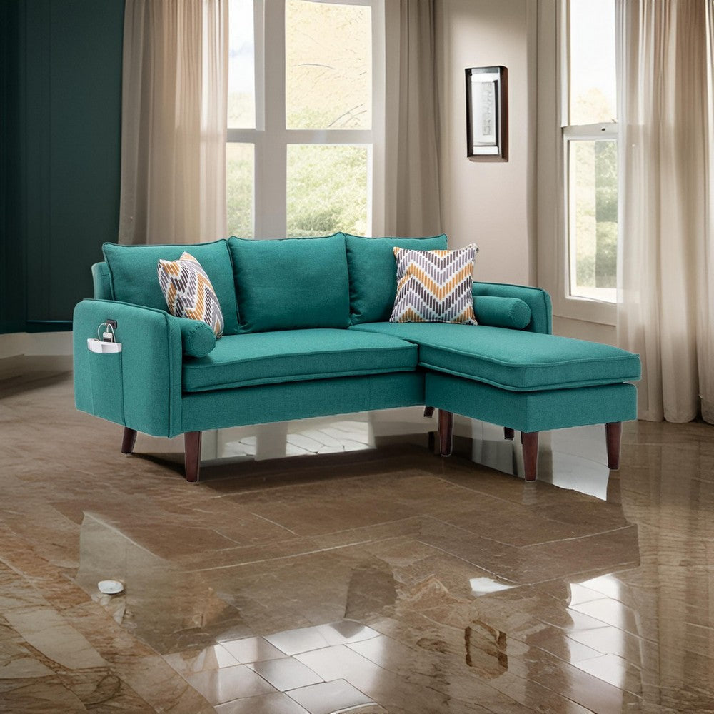 Ranon 70 Inch Sectional Chaise Sofa Pillows USB Ports Side Pockets Teal By Casagear Home BM293971