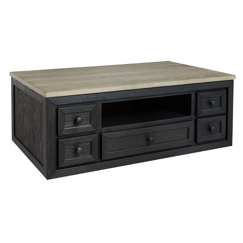 50 Inch Rectangular Lift Top Coffee Table, 5 Drawers, Wire Brushed Black By Casagear Home