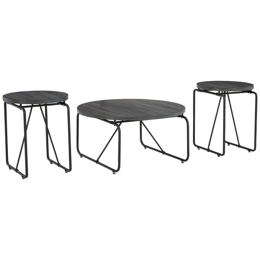 Modern 3 Piece Coffee Table Set with Side Tables, Metal Base, Charcoal By Casagear Home