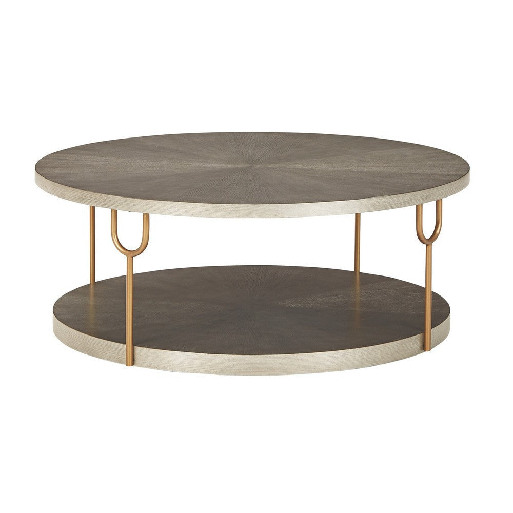 Modern 42 Inch Coffee Table Ash Veneer Metal Frame and Wheels Gold Gray By Casagear Home BM294084