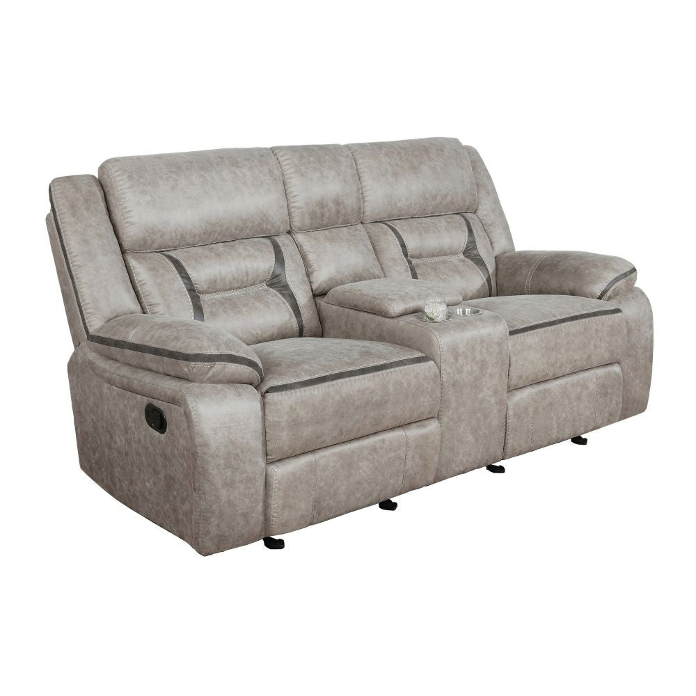 Tye 77 Inch Glider Manual Recliner Loveseat, Gel Foam, Taupe Faux Leather