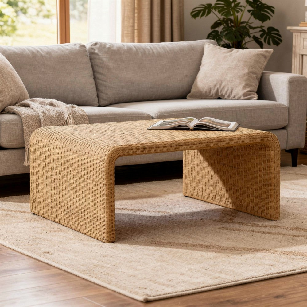 36 Inch Square Rattan Coffee Table, Waterfall Edges, Natural Textured Brown
