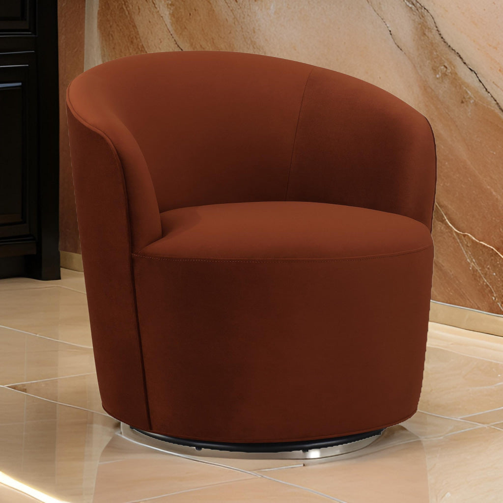 30 Inch Swivel Accent Chair, Padded Barrel Style, Burnished Orange Velvet By Casagear Home