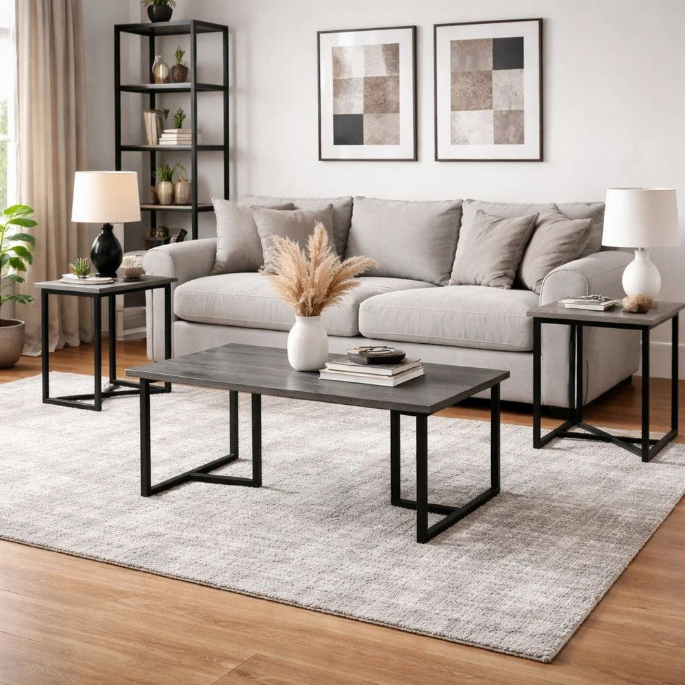 3 Piece Coffee Table Set, Rustic Brown Tabletop, Powder Coated Metal Frame