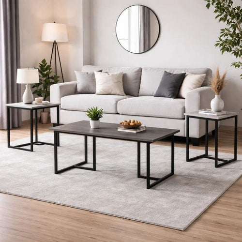 3 Piece Coffee Table Set, Rustic Brown Tabletop, Powder Coated Metal Frame