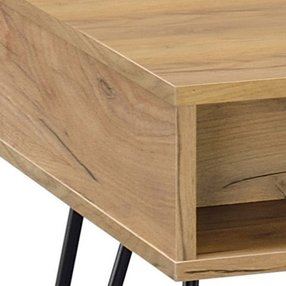 24 Inch Modern Side End Table Golden Oak Wood Black Metal Hairpin Legs BM294161