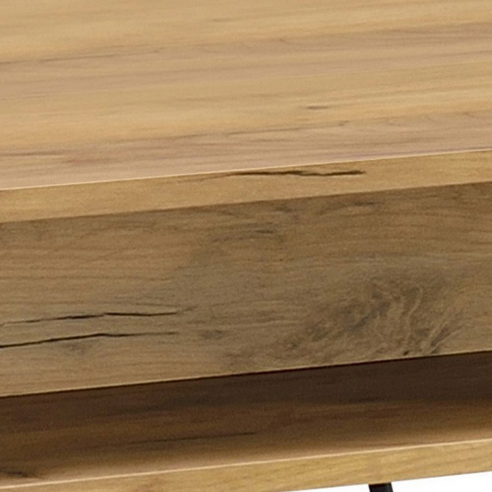 24 Inch Modern Side End Table Golden Oak Wood Black Metal Hairpin Legs BM294161