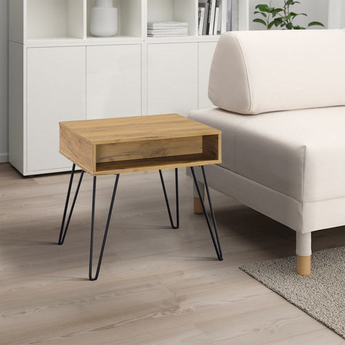 24 Inch Modern Side End Table, Golden Oak Wood, Black Metal Hairpin Legs