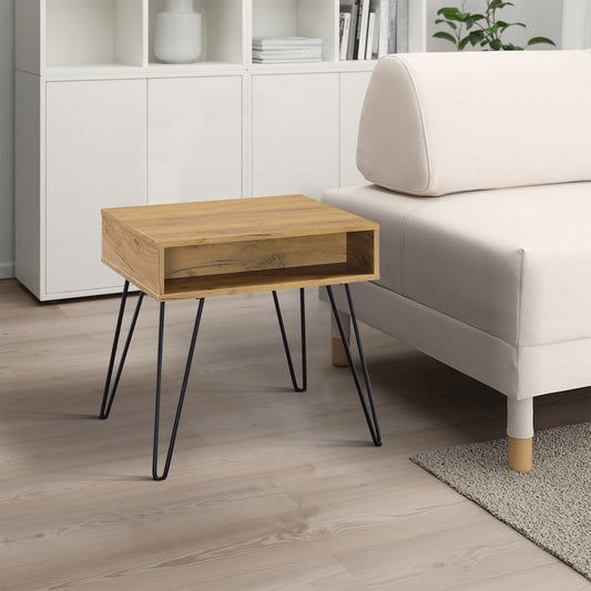 24 Inch Modern Side End Table, Golden Oak Wood, Black Metal Hairpin Legs