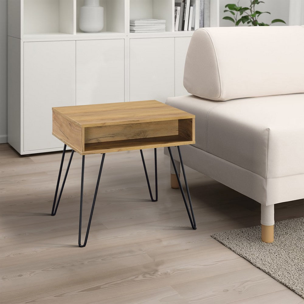 24 Inch Modern Side End Table, Golden Oak Wood, Black Metal Hairpin Legs