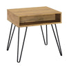 24 Inch Modern Side End Table, Golden Oak Wood, Black Metal Hairpin Legs