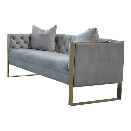 Reba 57 Inch Loveseat with 2 Pillows, Gold Steel Frame, Light Gray Velvet By Casagear Home