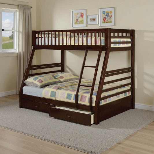 Cleo Twin Over Full Bunk Bed, Espresso Brown Pine Wood, Slatted Design