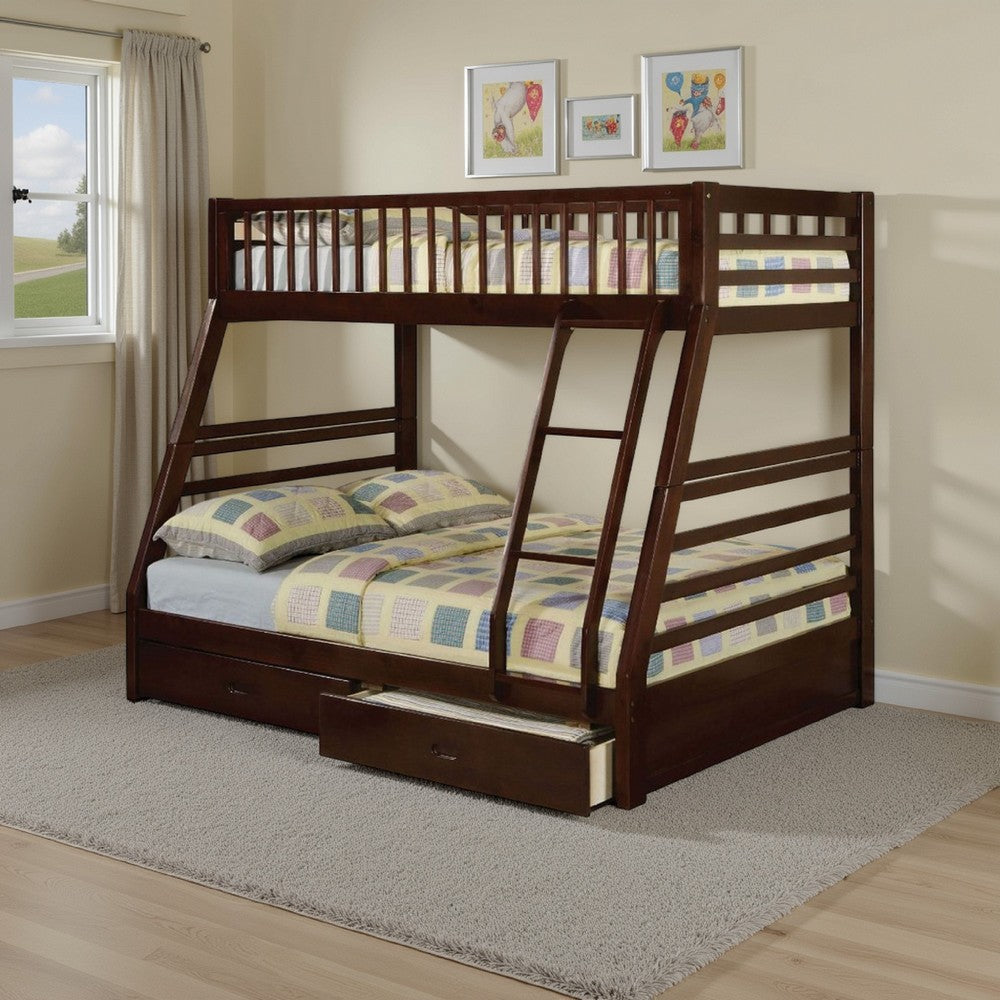 Cleo Twin Over Full Bunk Bed, Espresso Brown Pine Wood, Slatted Design