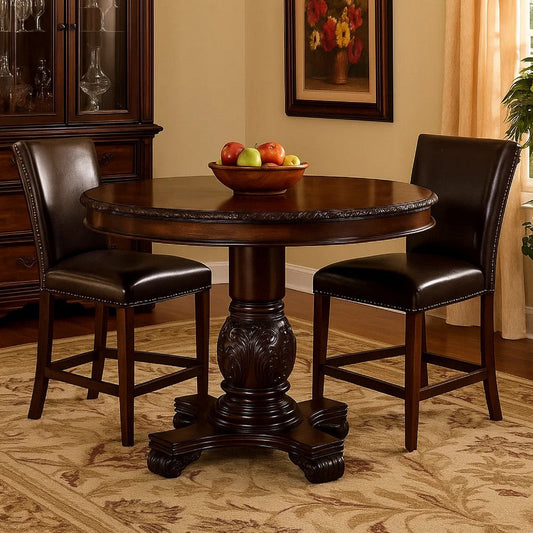 Loki 48 Inch Round Counter Height Table, Espresso Brown Carved Wood Frame