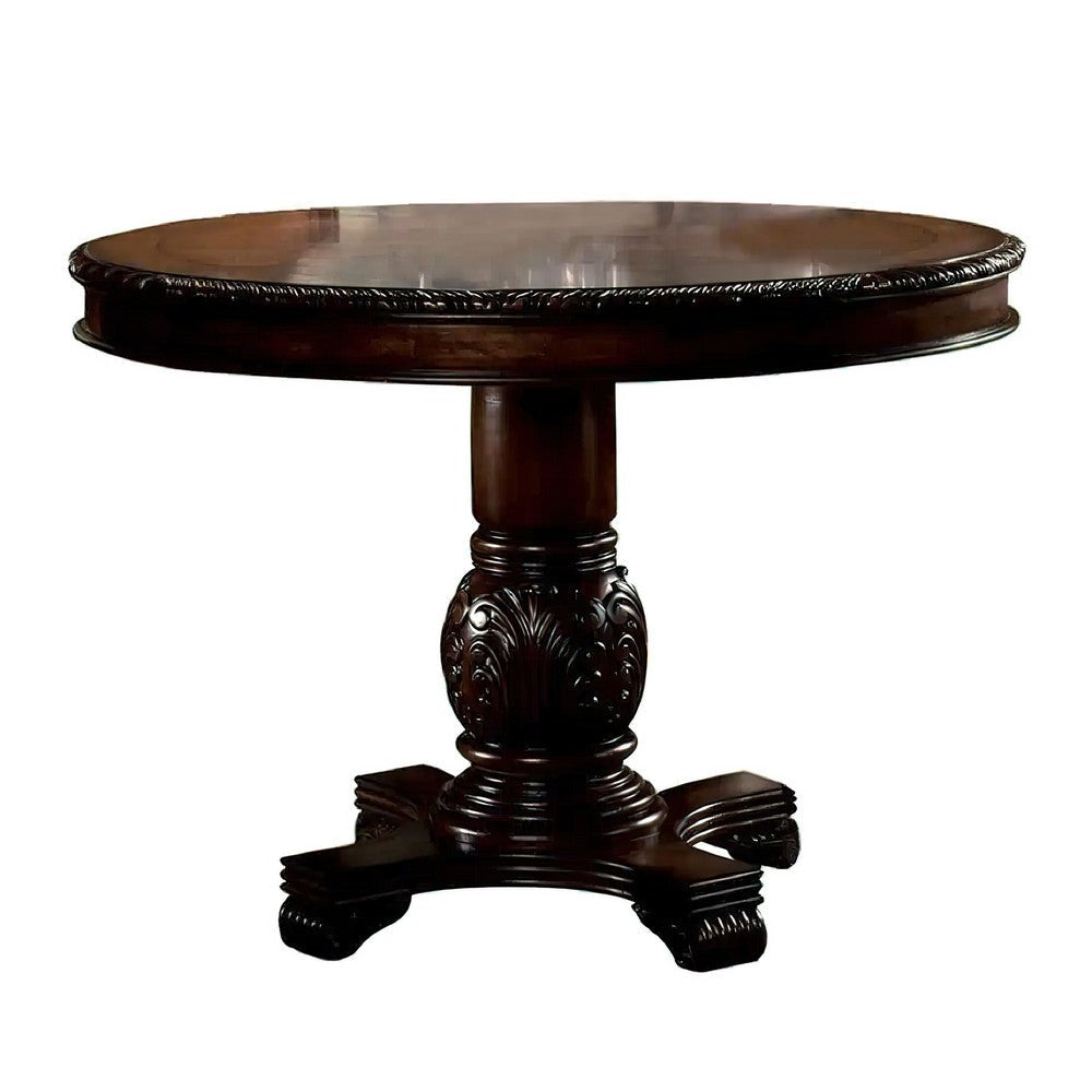 Loki 48 Inch Round Counter Height Table, Espresso Brown Carved Wood Frame