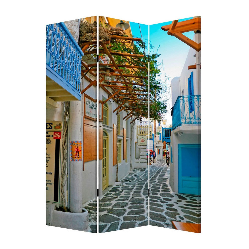 71 Inch Folding Screen Room Divider Two Sided Grecian Skyline Design BM294231