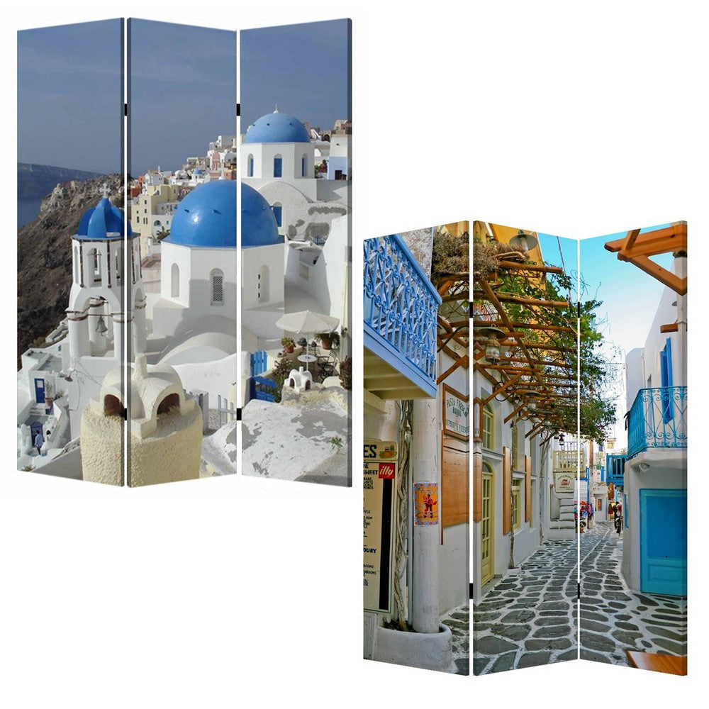 71 Inch Folding Screen Room Divider Two Sided Grecian Skyline Design BM294231