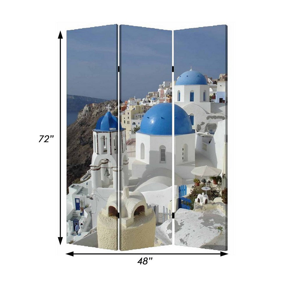 71 Inch Folding Screen Room Divider Two Sided Grecian Skyline Design BM294231