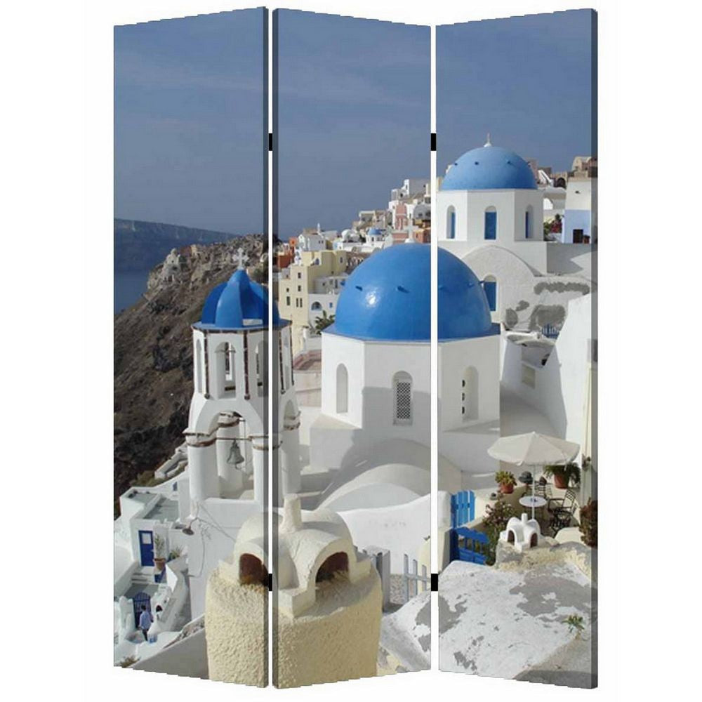 71 Inch Folding Screen Room Divider, Two Sided Grecian Skyline Design
