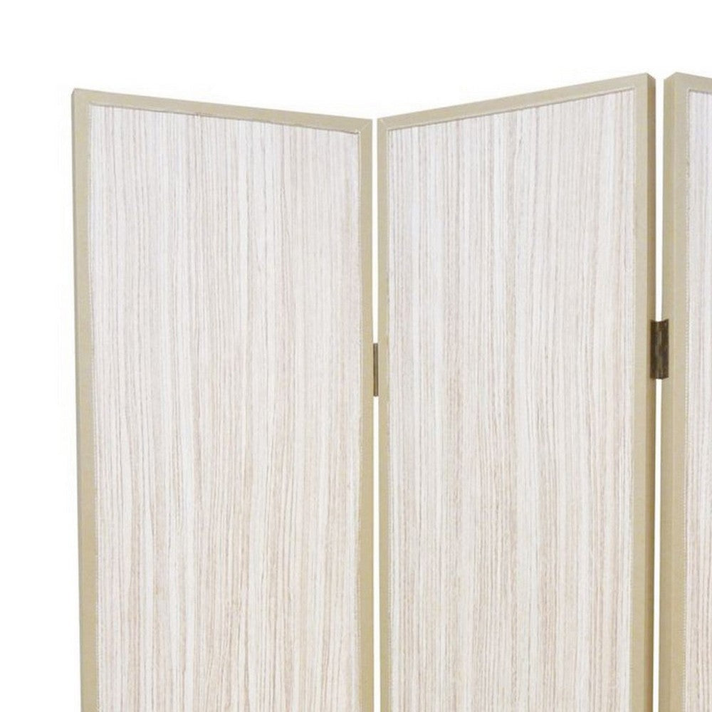 71 Inch Folding Screen Room Divider 3 Textured Panels Gray Leather Trim BM294232
