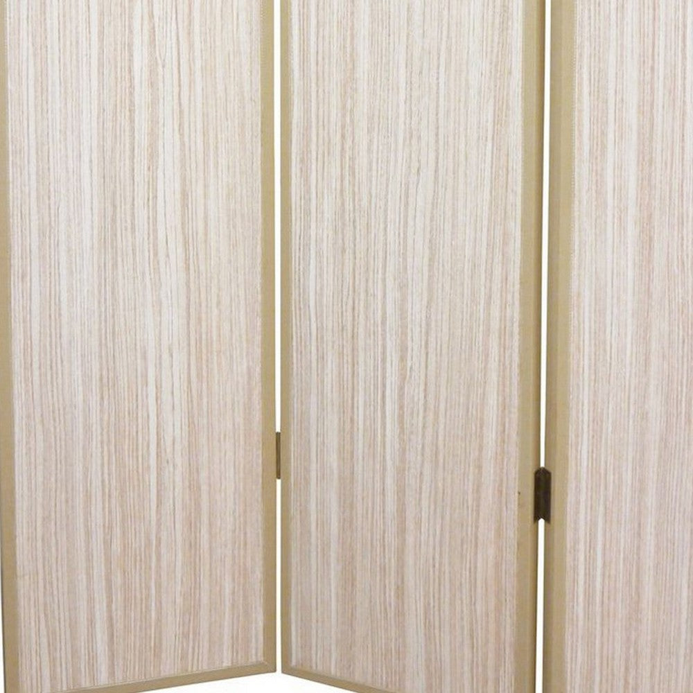 71 Inch Folding Screen Room Divider 3 Textured Panels Gray Leather Trim BM294232