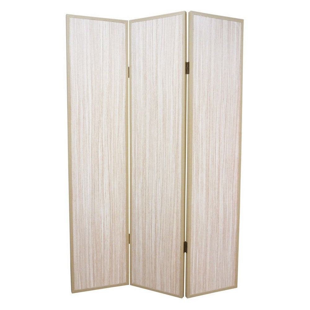 71 Inch Folding Screen Room Divider, 3 Textured Panels, Gray Leather Trim