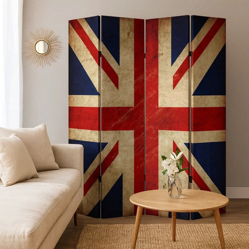 Alfie 71 Inch Folding Screen Room Divider, Union Jack Printing, 4 Panels